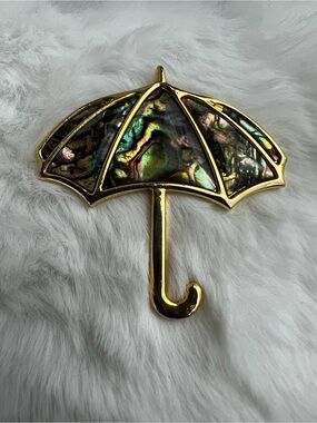 Vintage Nuri Abalone Gold Tone Umbrella Brooch